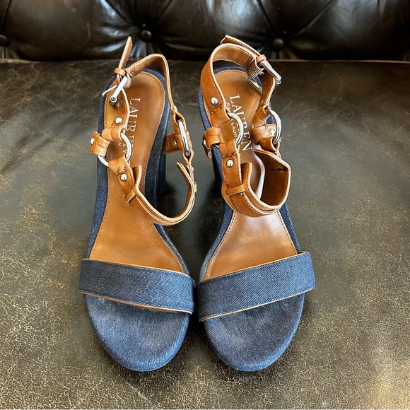 Lauren Ralph Lauren Faustine Blue Jeans and Tan Heeled Sandals Size 7.5 - Picture 2 of 8